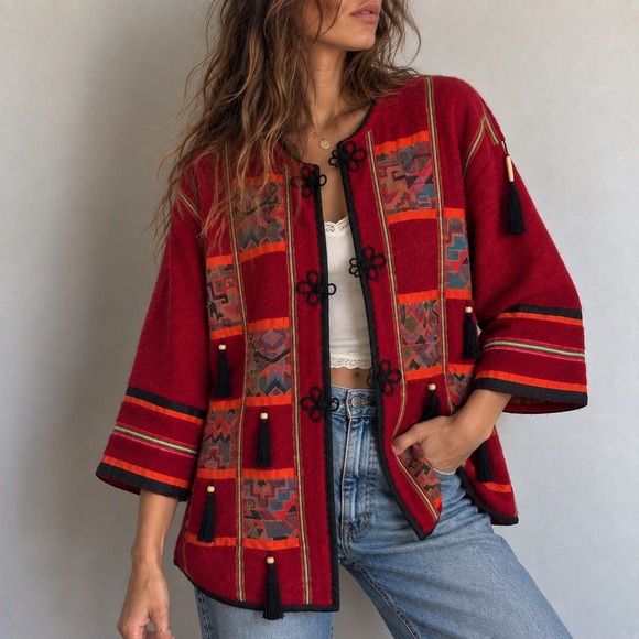TLC by Lambert Sweaters - Vintage 90s TLC‎ by Lambert Red Mohair Tapestry Cardigan Medium Boho Art To Wear